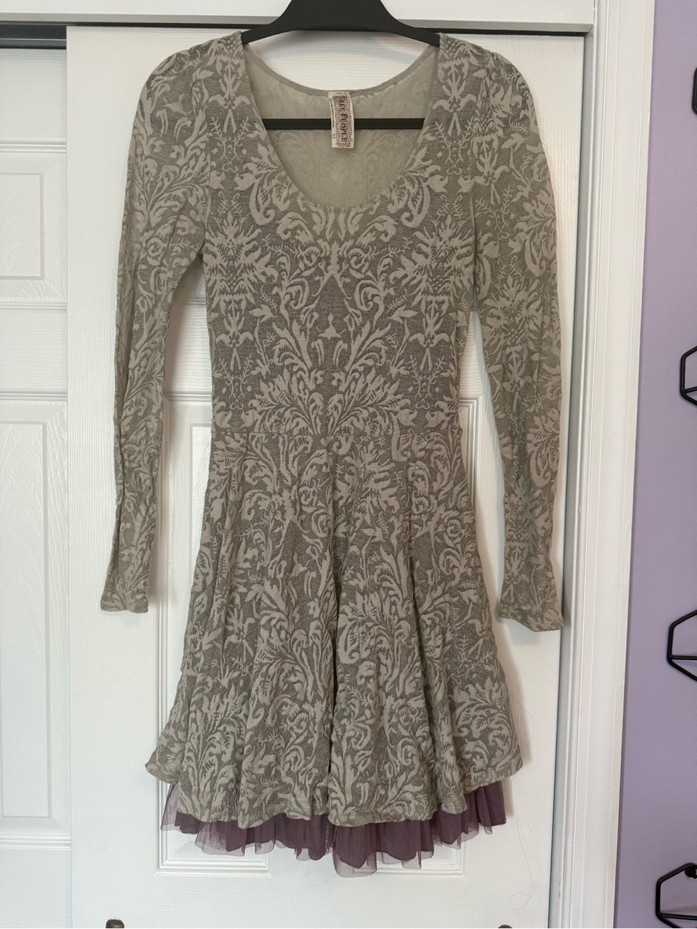 Free People Taupe Damask Long-Sleeve Fit-and-Flare Dress with Plum Tulle